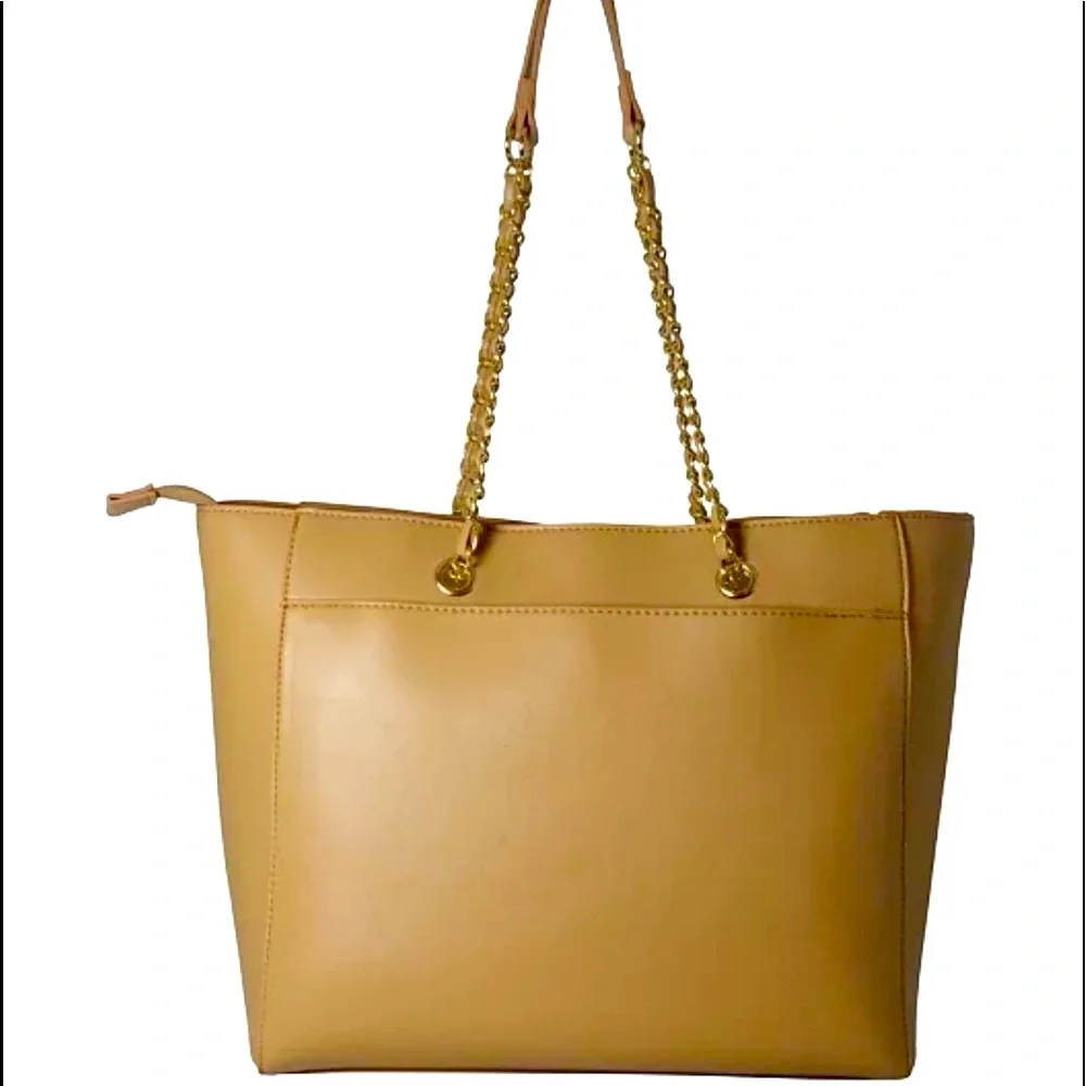 Bebe tan tote with beaded branding and card case